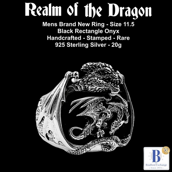 RARE Mens Vtg. Ring .925 Sterling 20gm w/Black Onyx BGE Realm of the Dragon -NEW - Picture 3 of 6